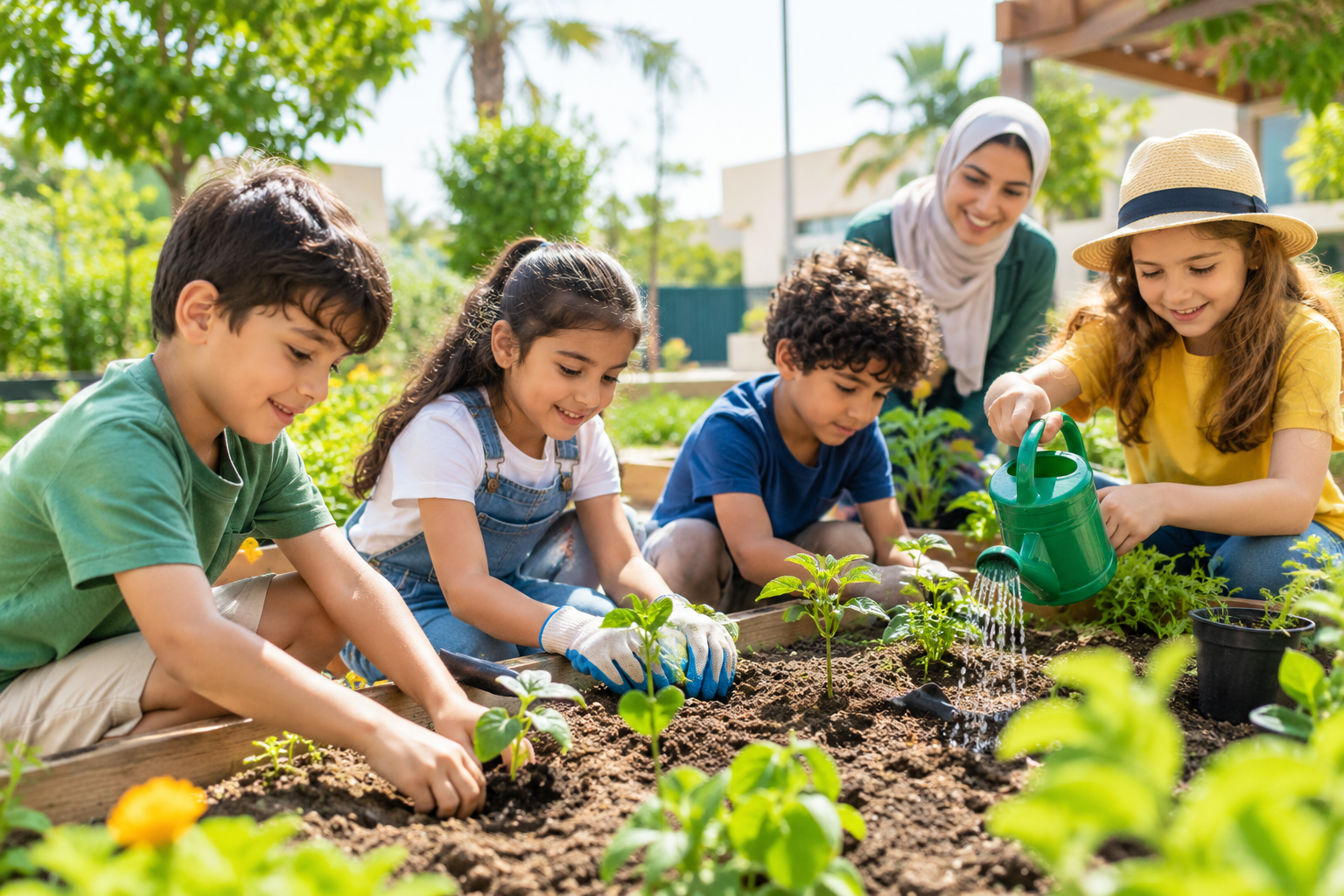 Children participating in a gardening activity at summer camp