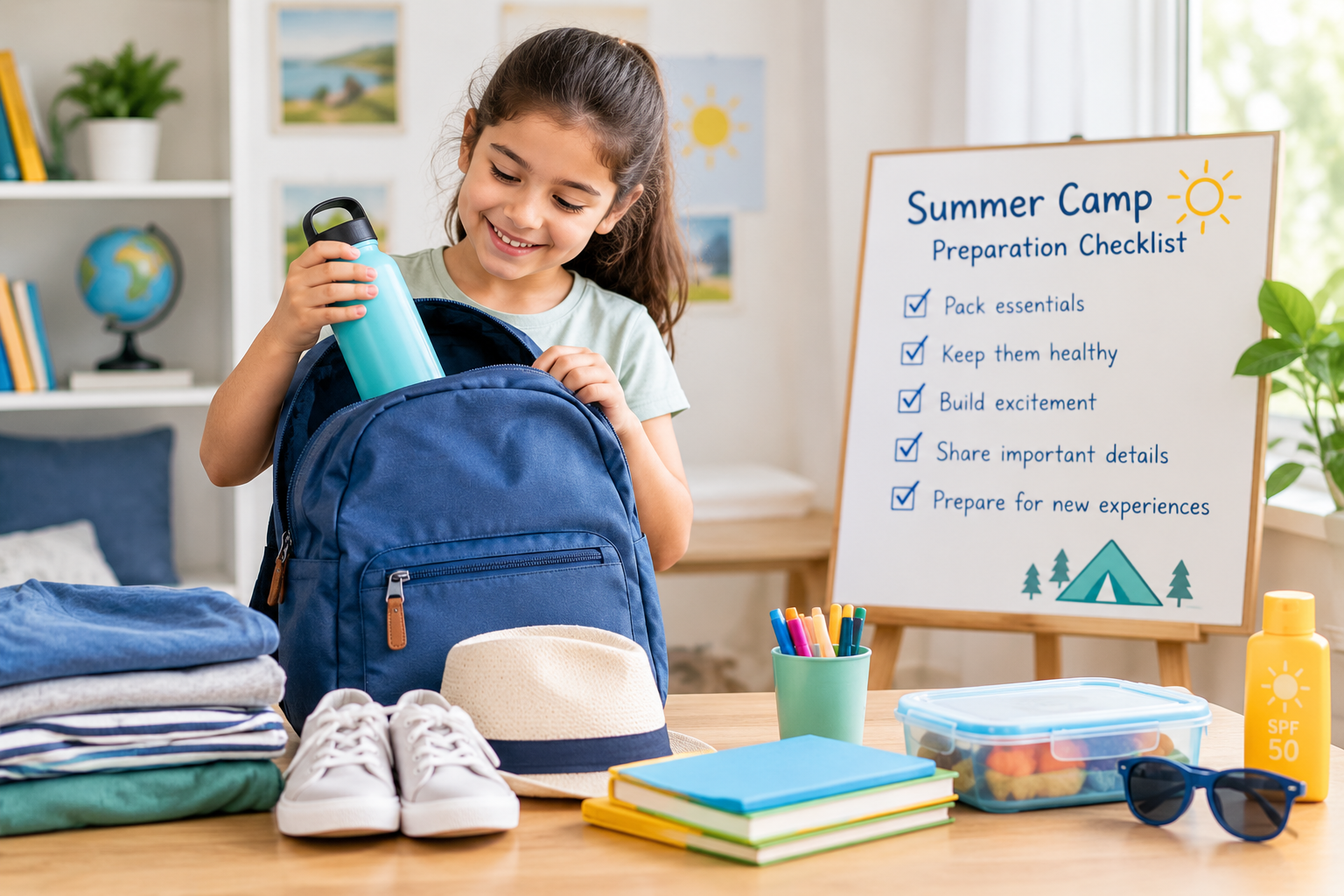 Child preparing for summer camp with a backpack and essentials