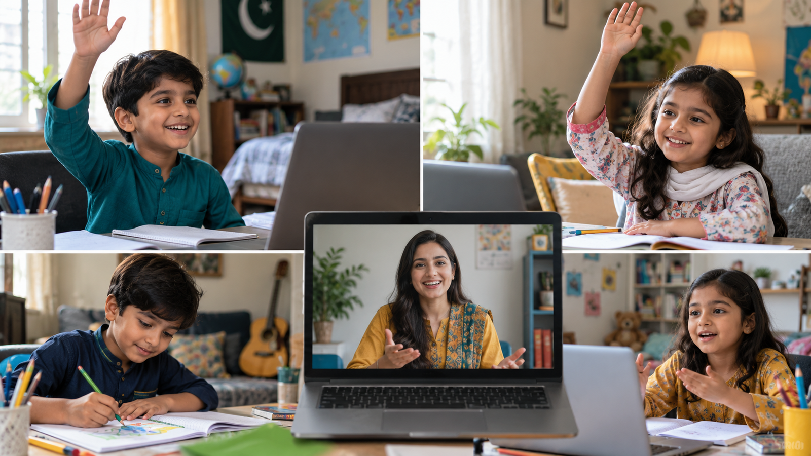 Illustration of children joining a teacher-led virtual classroom