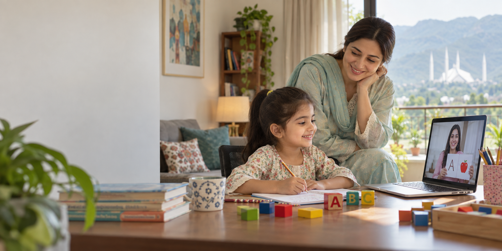 Illustration of a young child learning online at home with family support