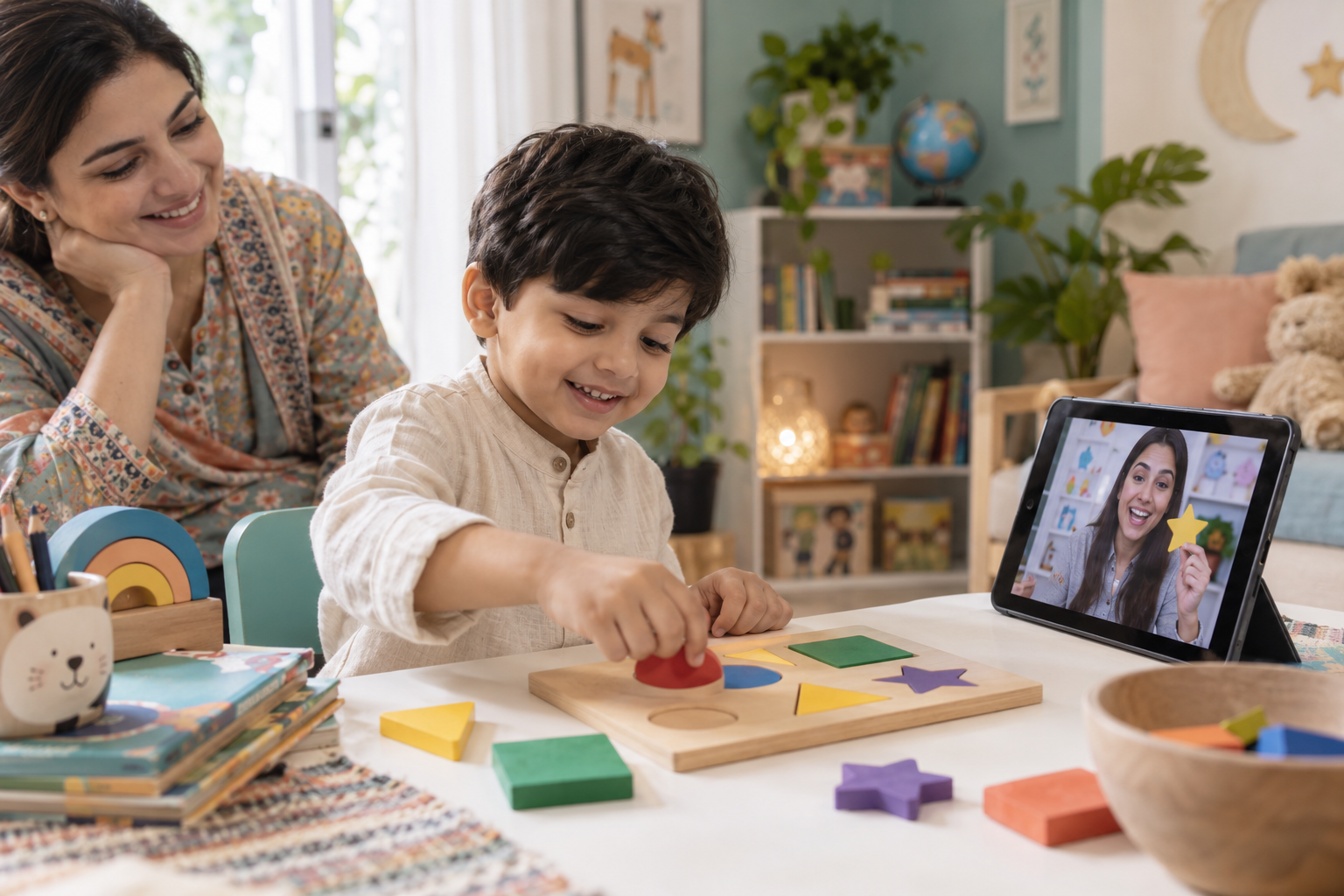 Illustration of play-based online learning for a preschool child